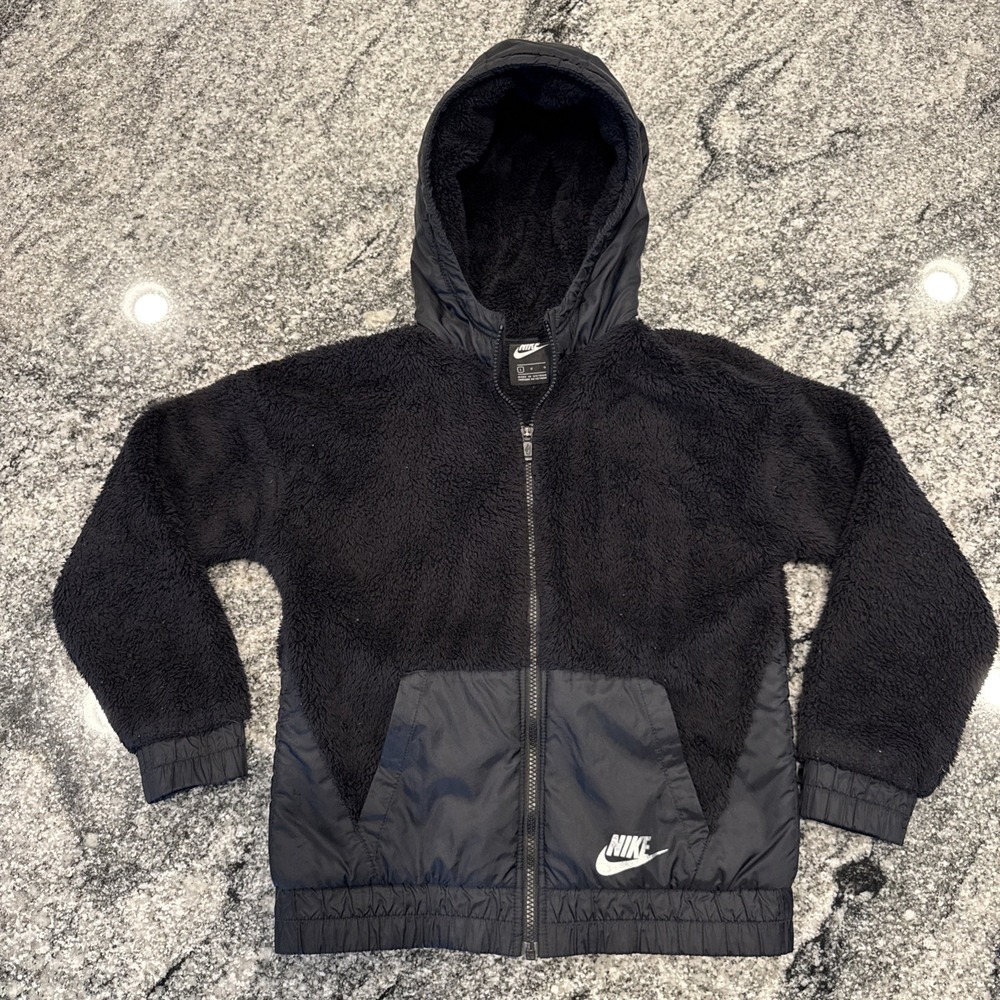 Nike Authentic Fleece Hooded Jacket Teddy Faux Fur Coat Youth Size Large Black‎